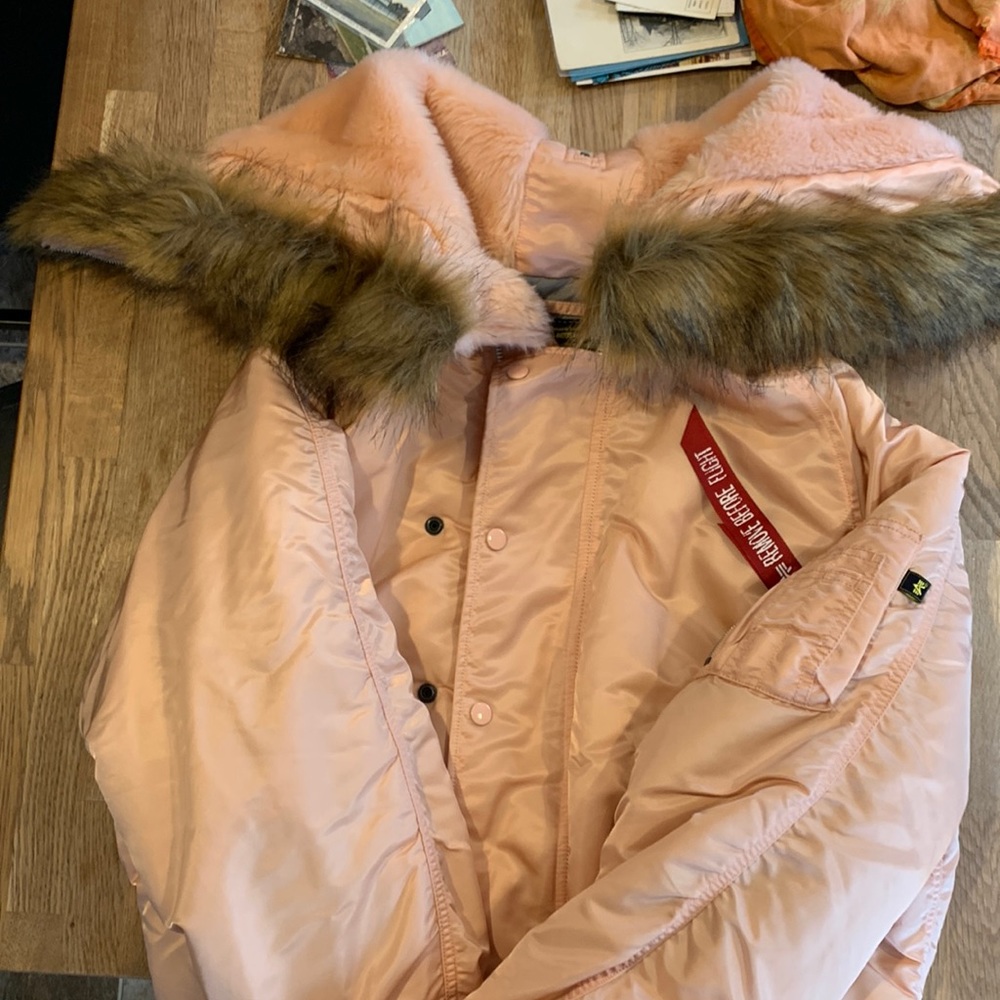 NWOT pink bomber jacket with faux fur hood accents